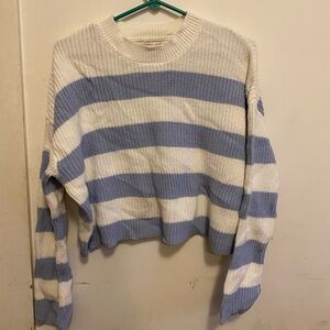 Sincerly Jules Cream and Light Blue Striped Cropped Crew Sweater